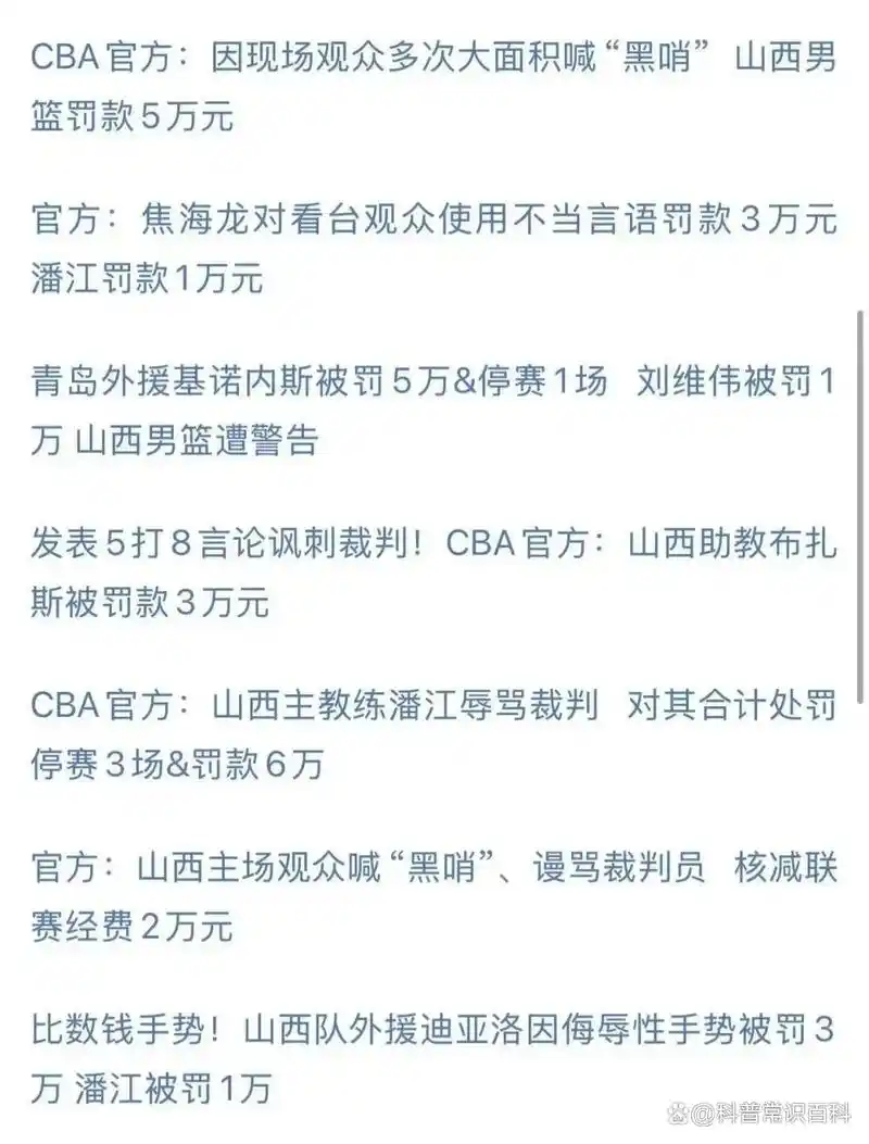 CBA赛季罚款榜出炉：山西队57万登顶，辽粤京三强均未逃过罚单